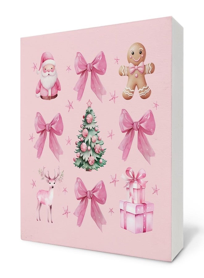 Nvotell Pink Coquette Christmas Sign, Wooden Box With Santa Tree and Bow, Cute Decor for Home Office Desk Table Tabletop Shelf, 5x5 Inch - Image 1